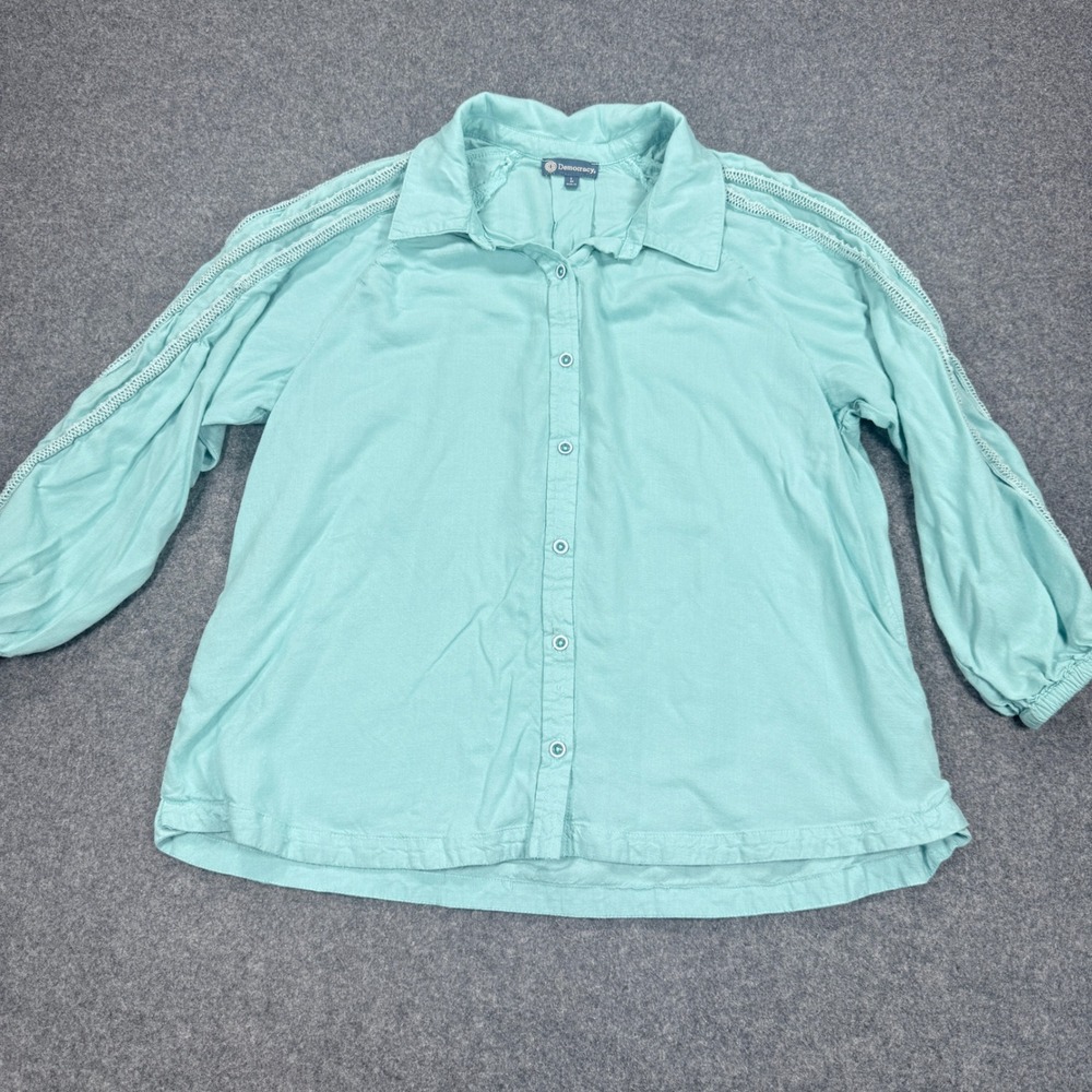 Democracy Womens Mint Green Crochet Lace Sleeve Button Down Shirt Large B9396851